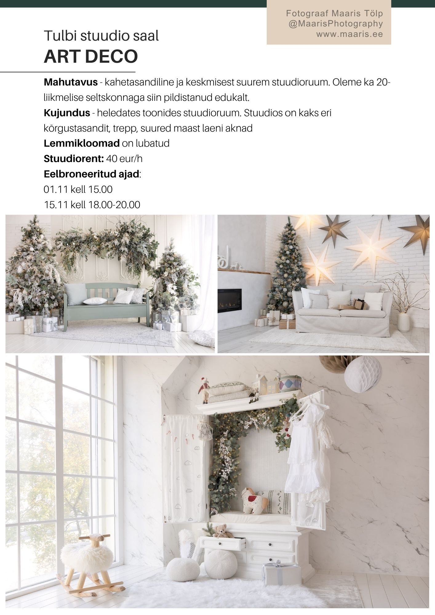 Jõulupildistamine 2025 Jõulufotosessioonide broneerimine juba käib! Ole kiire ning saad endale parima aja fotosessiooniks.   PS: Tule pildistama enne 7. detsemb