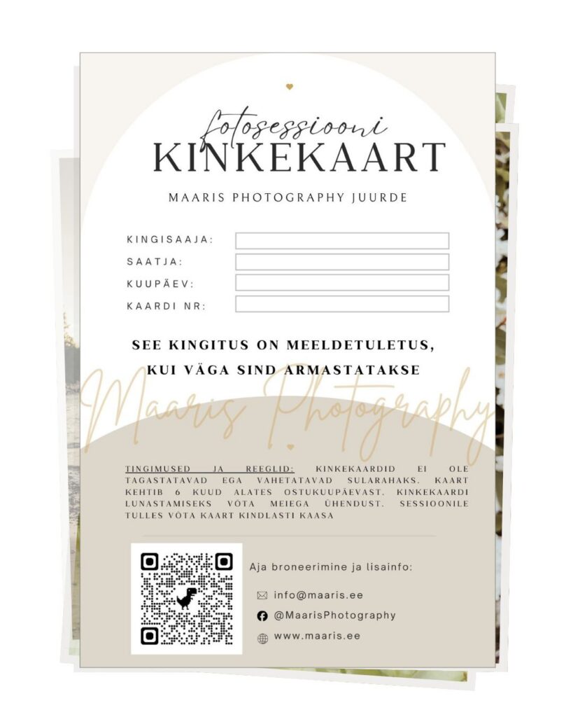 fotosessiooni kinkekaart. Pildistamisele kinkekaart vautser